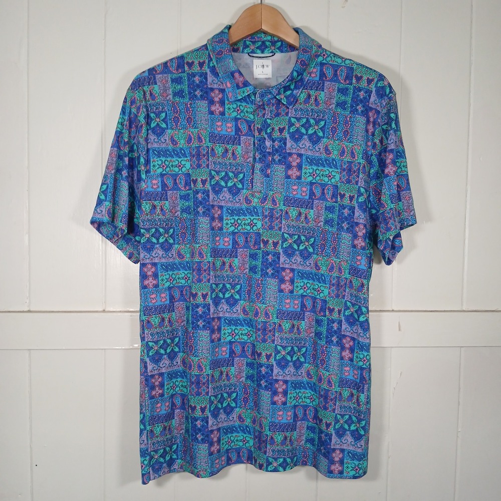J.Crew Oarsman Paisley Floral Coolmax Polo Shirt Men Large Blue BQ058 Patchwork